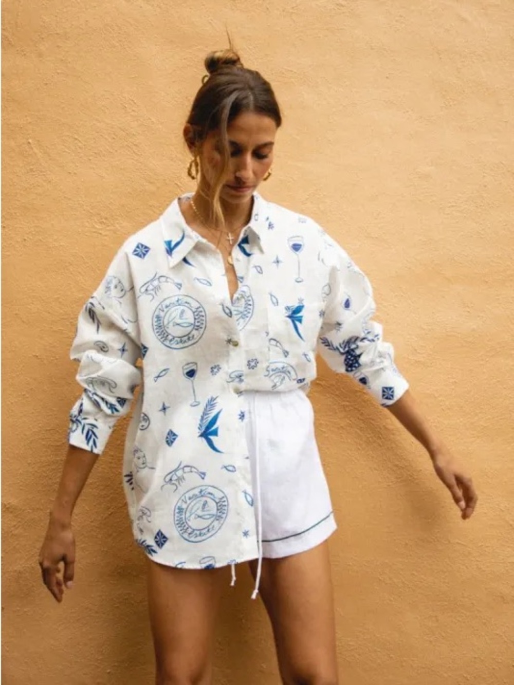 Women’s White Button-Down Shirt with Navy Graphic Print